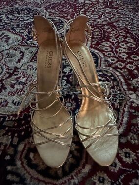 GUESS Metallic Gold leather Strappy High Heel Sandals, great condition